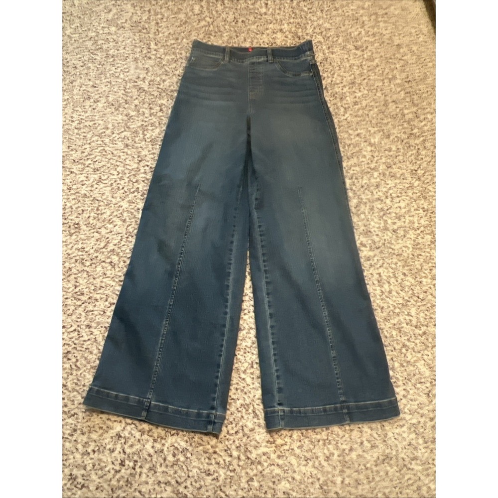SPANX Seamed Front Wide Leg Jean Sz L $168 Medium Wash 32" Inseam Lightly Used